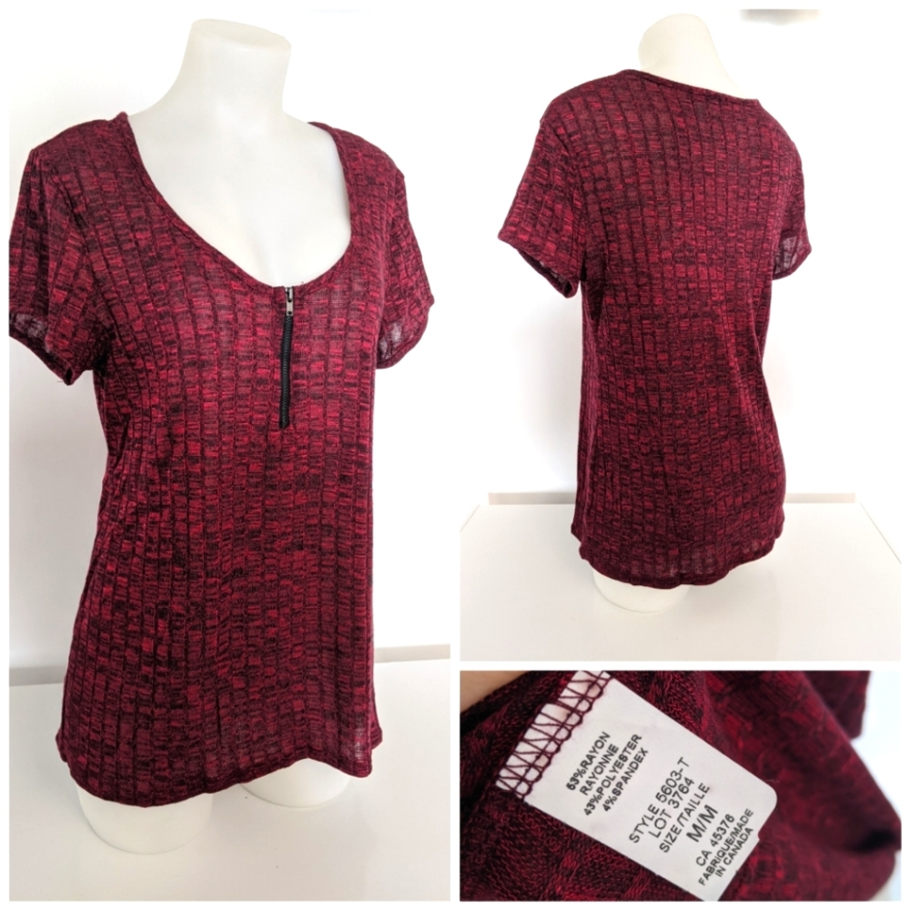 Red Deep Round Neck Top / Shirt W/ Zipper Sz M